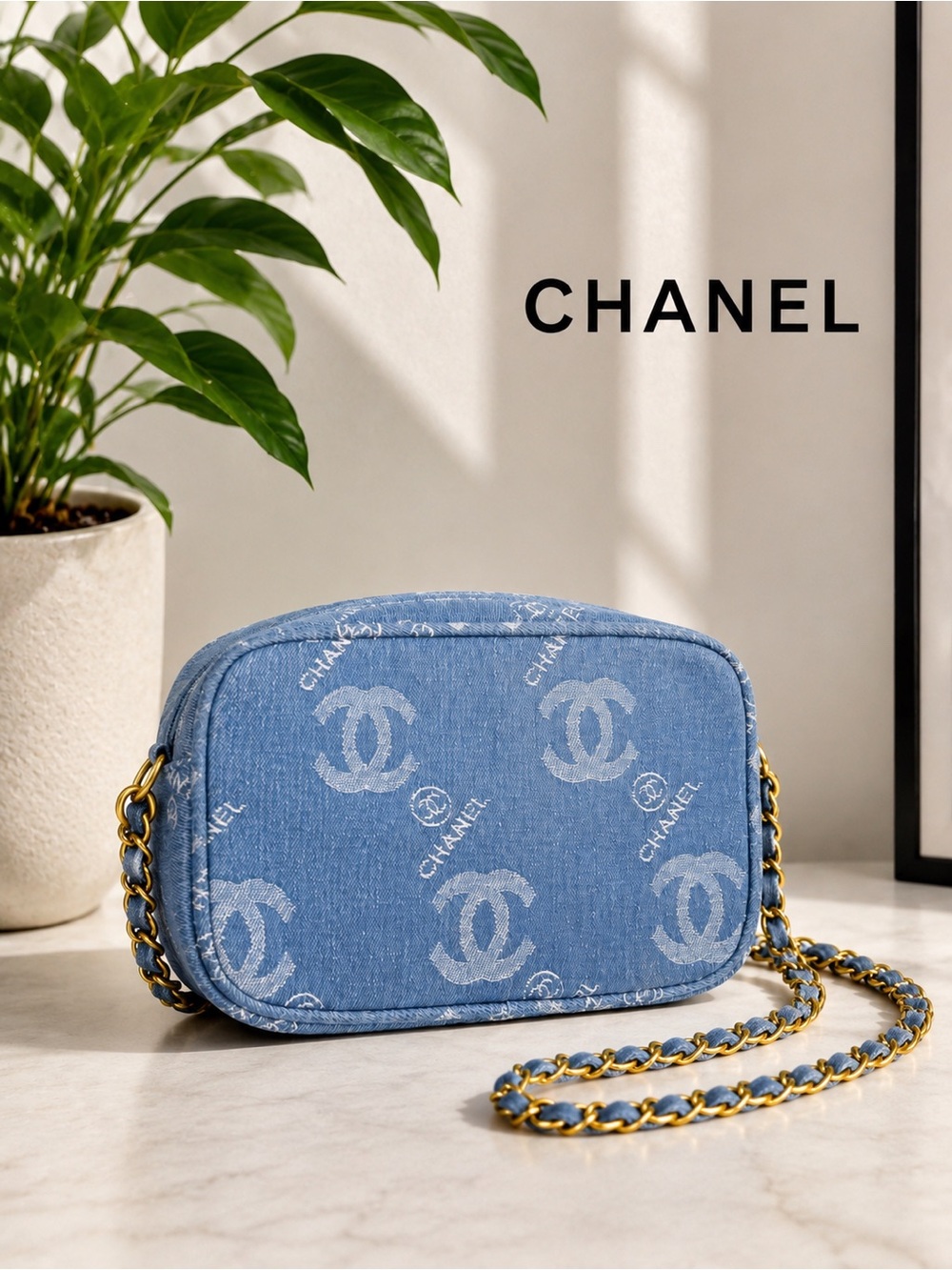 Chanel Blue Denim Camera Bag with Gold Chain